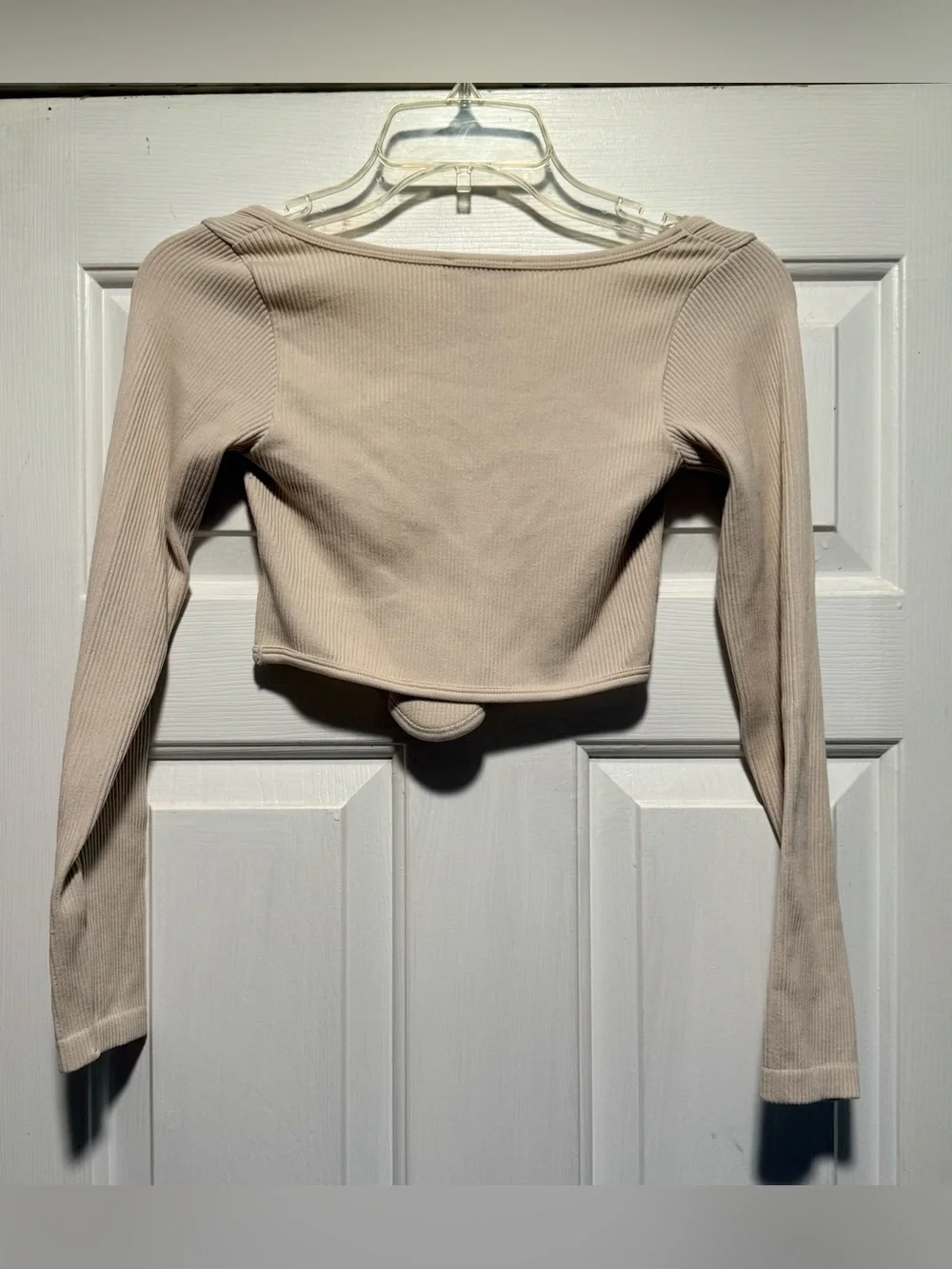 Zara Women's Ribbed V-Neck Long Sleeve Crop Top - Beige